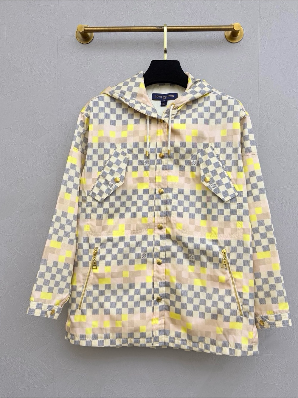 Louis Vuitton Checkered Hooded Utility Jacket in Gray, Cream & Yellow